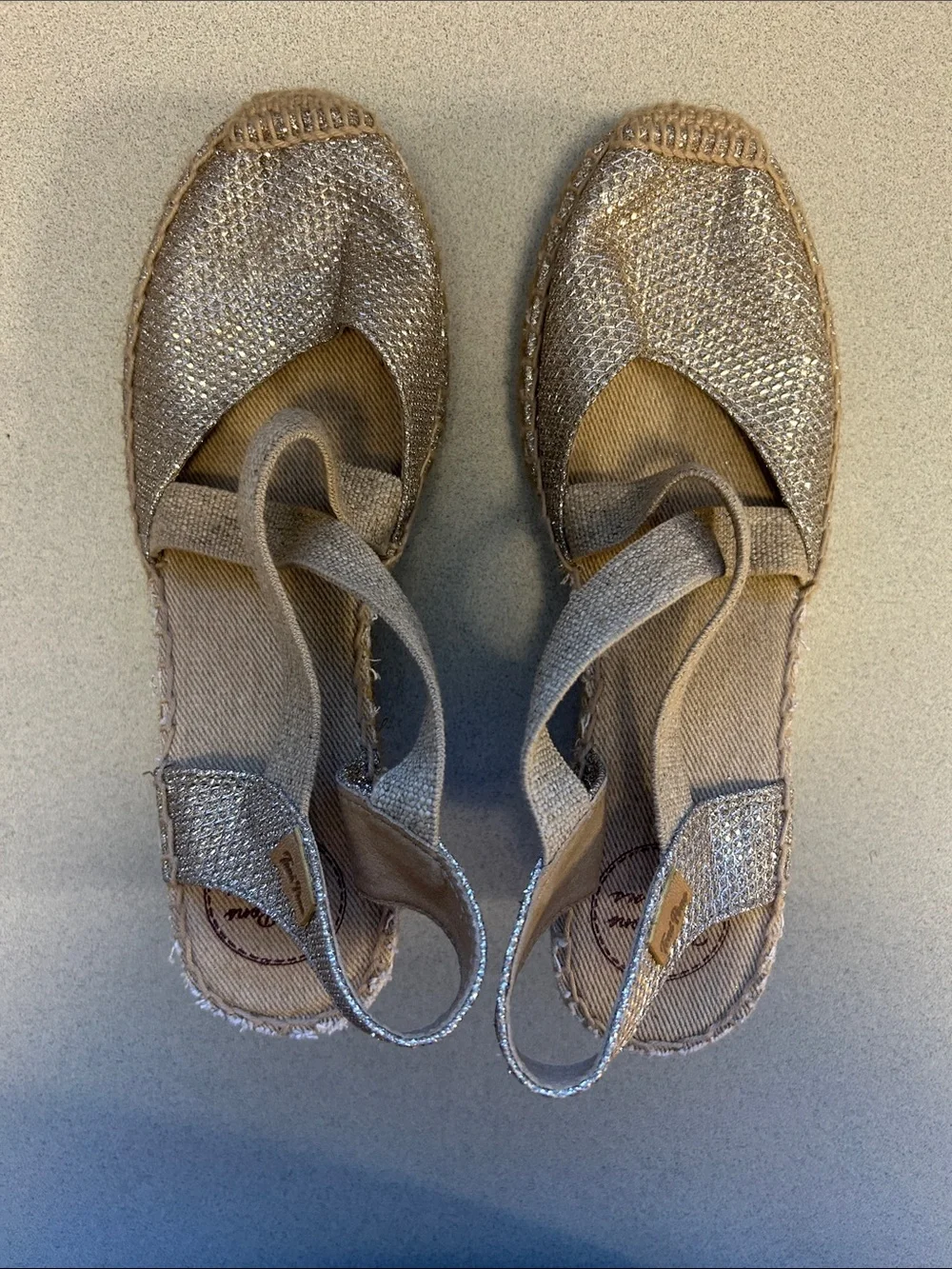 Toni Pons Woven Espadrille Wedge Slingback in Silver and Tan Size 39